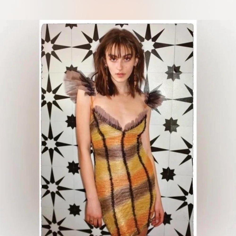 Mia Vesper Striped Yellow and Brown Dress with Sheer Ruffle Straps